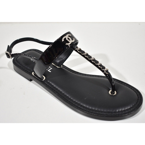 Chanel 22C Black Patent Silver Chain CC Logo Mule Slide Flat Thong Sandal 35 - Picture 5 of 12